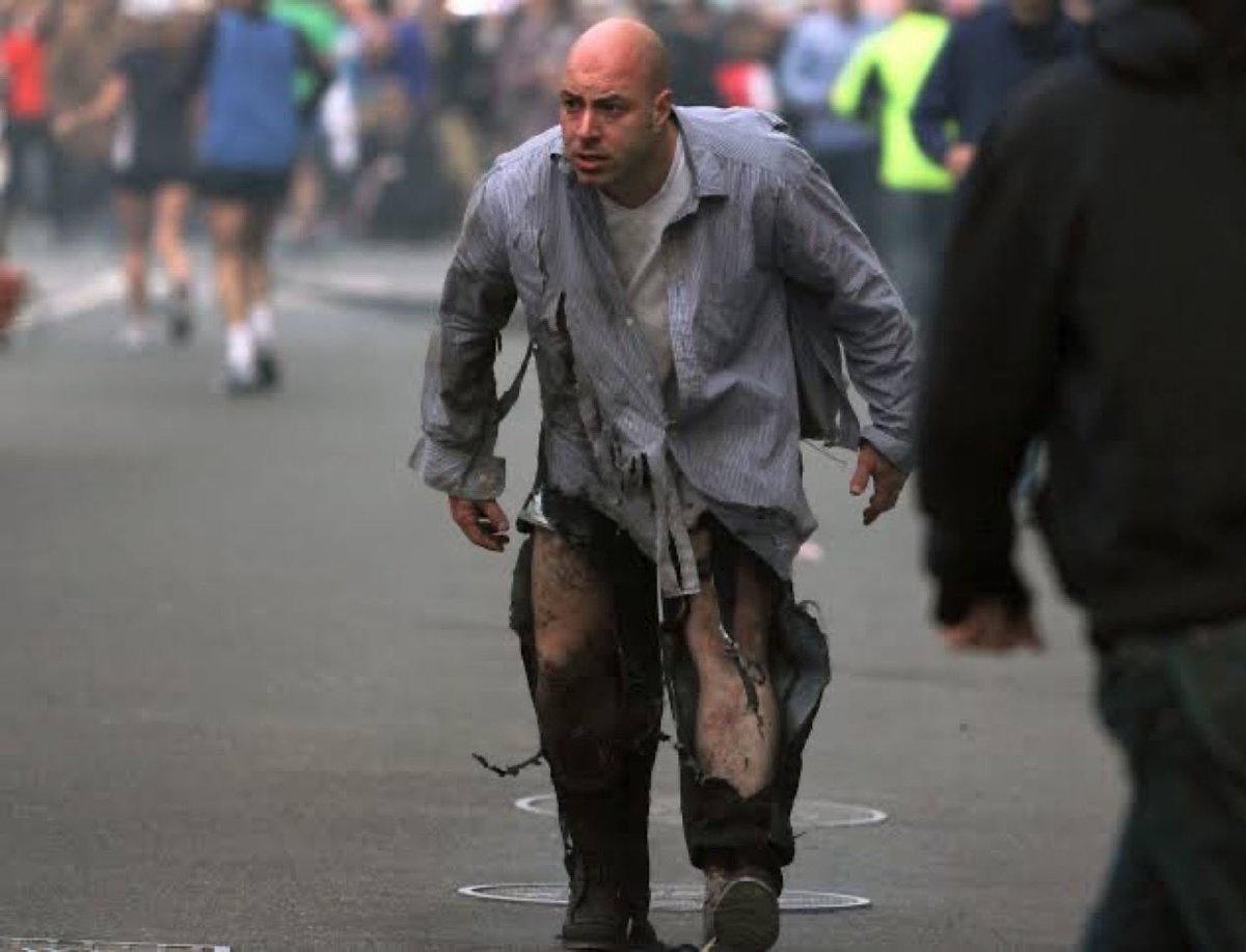 realMrTruthBomb's tweet photo. The 2013 Boston Bombing during Obamas reign of terror was a false flag with crisis actors. 

Do you really believe this viral photo of a man who had his pants blown off but survived without any injuries? 😄