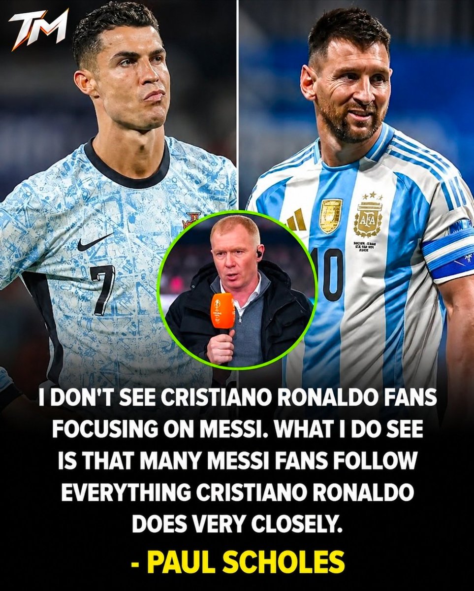TMfutbal's tweet photo. 🏴󠁧󠁢󠁥󠁮󠁧󠁿🗣 Paul Scholes on Messi fans:

"I don't see Cristiano fans focusing on Messi. What I do see is that many Messi fans follow everything Ronaldo does very closely." https://t.co/NISrndF5Jy