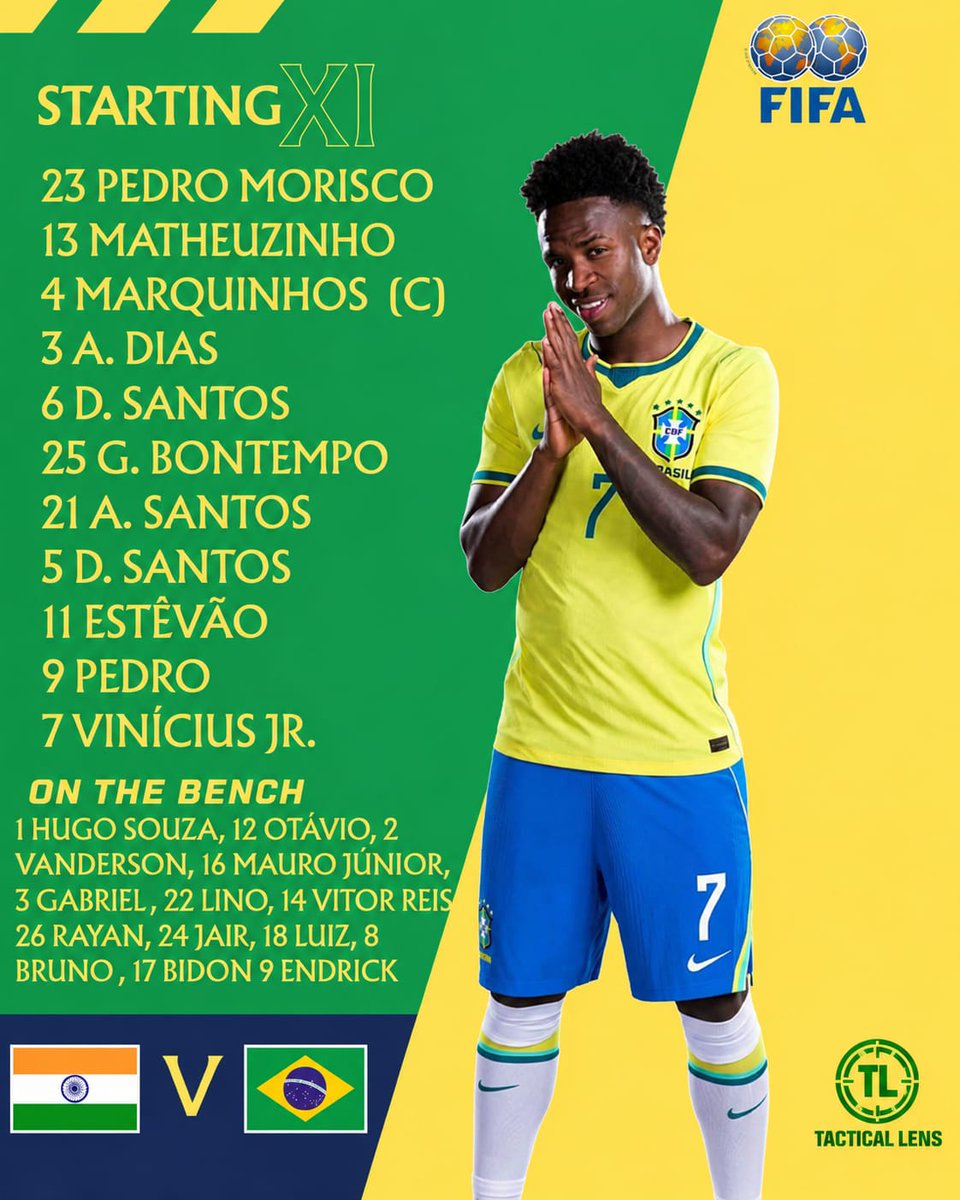 TacticalLens1's tweet photo. If players like Breno Bidon or Martinelli can’t even start against India, then how are they supposed to prove themselves?

At some point we can’t keep using the excuse that Brazil simply doesn’t have enough quality midfielders.

I also dont really understand why Danilo Santos needs to start every single match. Bidon could easily have started this game instead.

Anyway, what do you guys think about the XI?

#Brazil #BrazilNT #Selecao