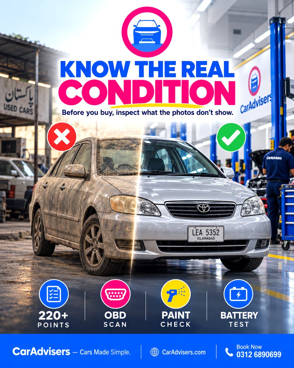 caradviserspak's tweet photo. 𝗞𝗻𝗼𝘄 𝘁𝗵𝗲 𝗿𝗲𝗮𝗹 𝗰𝗼𝗻𝗱𝗶𝘁𝗶𝗼𝗻 𝗯𝗲𝗳𝗼𝗿𝗲 𝘆𝗼𝘂 𝗯𝘂𝘆.
220+ point inspection • OBD • Paint check • Battery test.
Book: https://t.co/0LB1e3Kl9J / App / 0312 6890699
Mon–Sun | 9 AM–9 PM
CarAdvisers — Cars Made Simple
#CarInspection #UsedCarsPakistan #CarAdvisers https://t.co/idMUF0D6nU