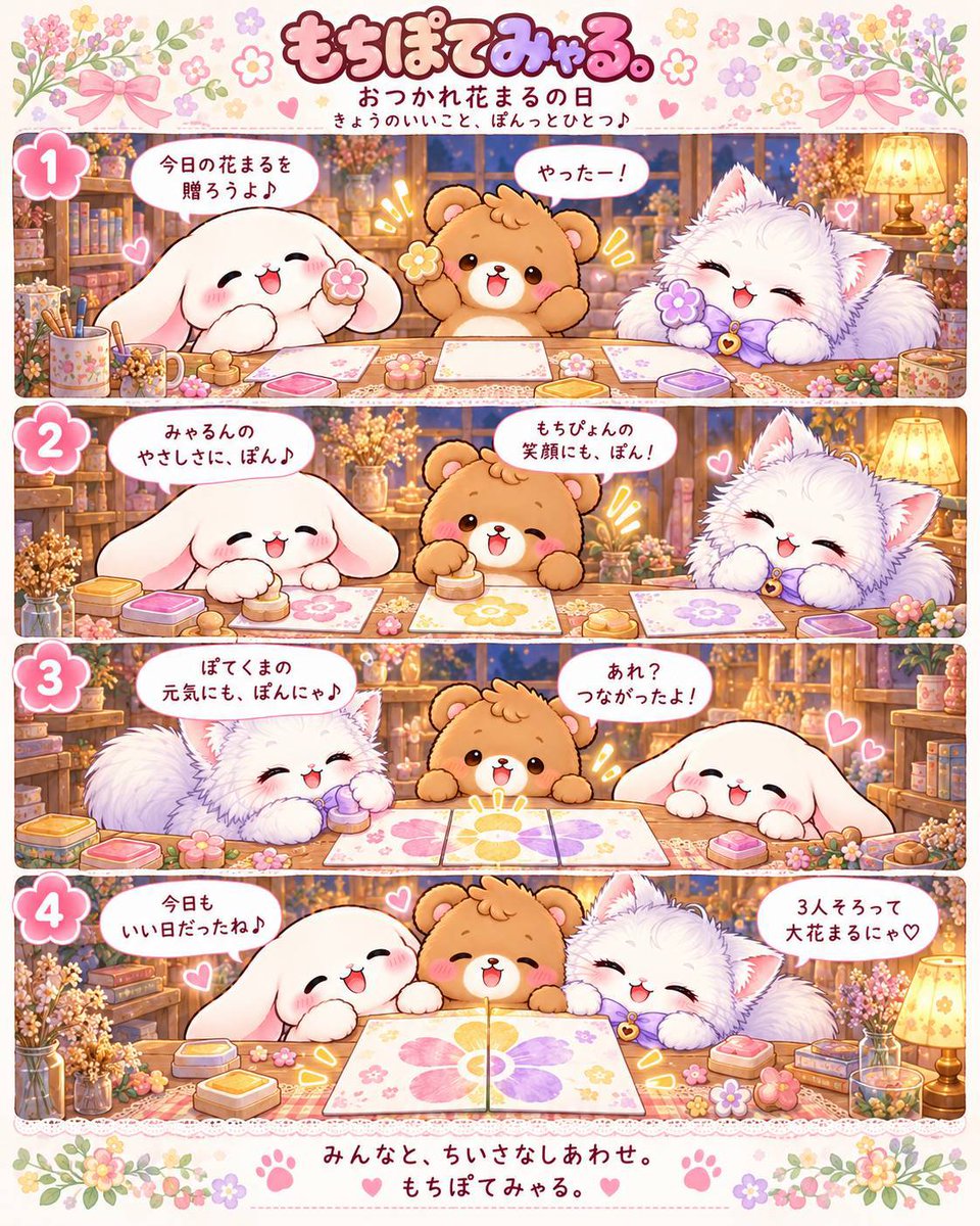 mochipotemyaru's tweet photo. もちぽてみゃる

おつかれ花まるの日

夜のテーブルに、3枚の小さなカード。
「今日の花まる、だれに贈ろう？」
ぽんっと重なる気持ちは、どんな形になるのかな…♡

#花まる #おつかれさま #もちぽてみゃる #4コマ #癒し https://t.co/2sUZ4CAM2R