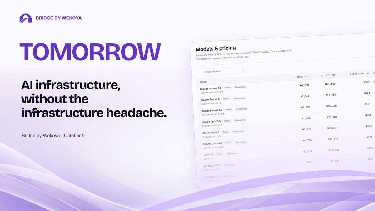 BridgebyWekoya's tweet photo. Tomorrow.

One API.

Multiple AI providers.

More control over your AI spend.
Pay for AI usage in Naira.

Bridge launches October 5.

Build with global AI. Pay locally. https://t.co/VXsqRYiNDl