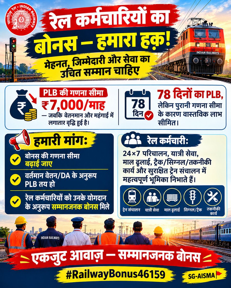 AbhishekYadaav9's tweet photo. बोनस की गणना 6वें CPC से नहीं,7वें CPC के न्यूनतम Basic Pay ₹18,000 से हो,78 दिन का बोनस ₹46,159 किया जाए,मेहनत का सम्मान, कर्मचारियों के साथ न्याय हो #RailwayBonus46159 
@PMOIndia  
@AshwiniVaishnaw 
@RailMinIndia 
@news24tvchannel 
@aajtak 
@SanjayAzadSln @LkoAipma 
@ZeeNews https://t.co/6weLMIEl8V
