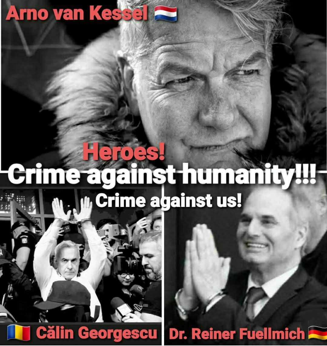 FreeFuellmich's tweet photo. Three heroes! 🇩🇪🤝🇷🇴🤝🇳🇱
#CălinGeorgescu 🇷🇴 #Romania 
#ReinerFuellmich 🇩🇪 #Germany
#ArnoVanKessel 🇳🇱 #Netherlands
Crime against Călin, Arno and Reiner! 
Crime against humanity!
Crime against us!
We are the people! We were born to be free! We want them in freedom!
FREE OUR HEROES! https://t.co/6yr21fcbwS