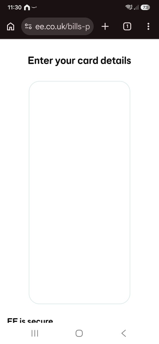 ElBlazo's tweet photo. @EE Ive tried my phones chrome browser, my daughters safari browser on her phone and ive tried my laptop. I add my card details - authorised in bank app then met with this blank screen. Tried a few days ago, tried again today. Shouldn't be this difficult to top a phone up https://t.co/m9zMJ2PlUZ
