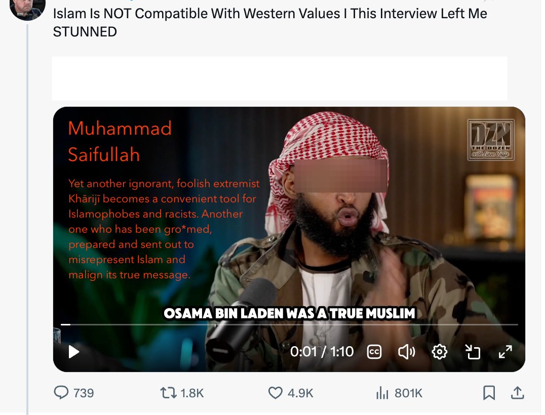 AbuKhadeejahSP's tweet photo. Some Observations.

Yet another ignorant, foolish extremist Khārijī becomes a convenient tool for Islamophobes and racists. Another one who has been gro*med, prepared, and sent out to misrepresent Islam and malign its true and noble message.

This ignoramus has clearly never studied Islam, nor has he sat with the Muslim scholars to learn about Islam, its creed, values, laws, and ethics. His rhetoric is deliberately volatile and hostile. He is not a caller to the religion of Allāh, nor a caller to the Path and Methodology of the Noble Prophet (ﷺ) and his Companions.

The Prophet (ﷺ) described his ilk in his saying:

“There will arise at the end of the time a people who will be young in age and foolish in thought. They will speak as if their words are the best among people. They will recite the Qur’ān, but it will not go beyond their throats, and they will pass through the religion just as an arrow goes through its prey…” (Muslim, no. 1066)

So this man is a trial for the people and for the Muslims in particular. He conducts an interview in Britain whilst wearing military fatigues and a red scarf that is supposed to identify him as a Muslim from the Middle East. He then proceeds to speak about Islam, the Islamic faith and Islamic law as though he is a religious authority, a jurist or a scholar of the Prophetic tradition, yet he is among the most ignorant and foul-mouthed of people.

Any Muslim who has studied the Qur’ān and Sunnah (the Prophetic Tradition) upon the understanding of the righteous predecessors knows that he is a charlatan, a pretender, and an agitator seeking to cause hatred and commotion.

He is a barrier to the true message of Islam, which begins with the call to pure monotheism (Tawḥīd): the sole worship of the Lord and Creator of the universe—and He is Allāh, the one true God worshipped by Ādam, Nūḥ, Ibrāhīm, Mūsā, ʿĪsā and Muḥammad (the praise of Allāh and His peace be upon them all)—and to abandon all forms of polytheism and superstitious practices, and to follow the teachings of the Prophet Muḥammad (ﷺ) faithfully, including his noble manners.

This ignoramus brings to mind the saying of the Prophet (ﷺ):

“There will come upon the people years of treachery, wherein the liar will be believed, and the truthful will be called a liar; the treacherous will be regarded as trustworthy, and the trustworthy will be regarded as treacherous—and the Ruwaibidah will speak.” It was said: “Who are the Ruwaibidah?” He replied: “An insignificant and lowly person who speaks concerning the affairs of the general people.” (Ibn Mājah, no. 4036, graded ṣaḥīḥ by al-Albānī.)

In another narration, the Prophet (ﷺ) replied: “The fool who speaks concerning the affairs of the general people.” (Musnad Aḥmad, no. 7912.)

Shaykh al-Islām Ibn Taymiyyah (died 728 AH) said concerning the Khawārij:

“They are more harmful to the Muslims than highway robbers because highway robbers only want wealth; if it were given to them, they would not fight. Furthermore, they attack only some of the people [not all of them]. As for these [Khawārij], they fought the people on account of religion, seeking to make them abandon that which was established by the Qur’ān, the Sunnah and the consensus of the Companions, in favour of what they had innovated through their false interpretation and corrupt understanding of the Qur’ān.

They are more harmful to the Muslims than others; for there was none who was more harmful to the Muslims than them—not the Jews nor the Christians. They exerted themselves in killing every Muslim who did not agree with them, deeming the blood and wealth of the Muslims lawful, killing their children, and declaring them to be unbelievers. They regarded these actions as part of their religion, due to the enormity of their ignorance and their misguided innovation.” (Minhāj al-Sunnah, 5/243–248)

So, Muslims and non-Muslims should never be deceived by the likes of these convenient fools, who are sent forth to ignite fitnah and discord within societies and communities.

Abu Khadeejah ‘Abdul-Wāhid.