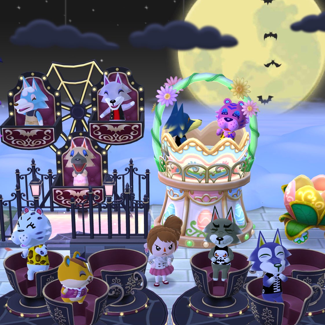 Aie2O's tweet photo. 夜の遊園地は楽しいの～🎪🎠
けんじぃーじ🐺👴いつまで遊んでるの😤もぅ帰るよ
ワシはまだまだ元気だ🤓
ベンチで寝てるし😴私は知らん帰る🏡🚗💨同じ風で失礼🙇‍♀️💦
 #ポケ森コンプリート https://t.co/ydnnqysIrs
