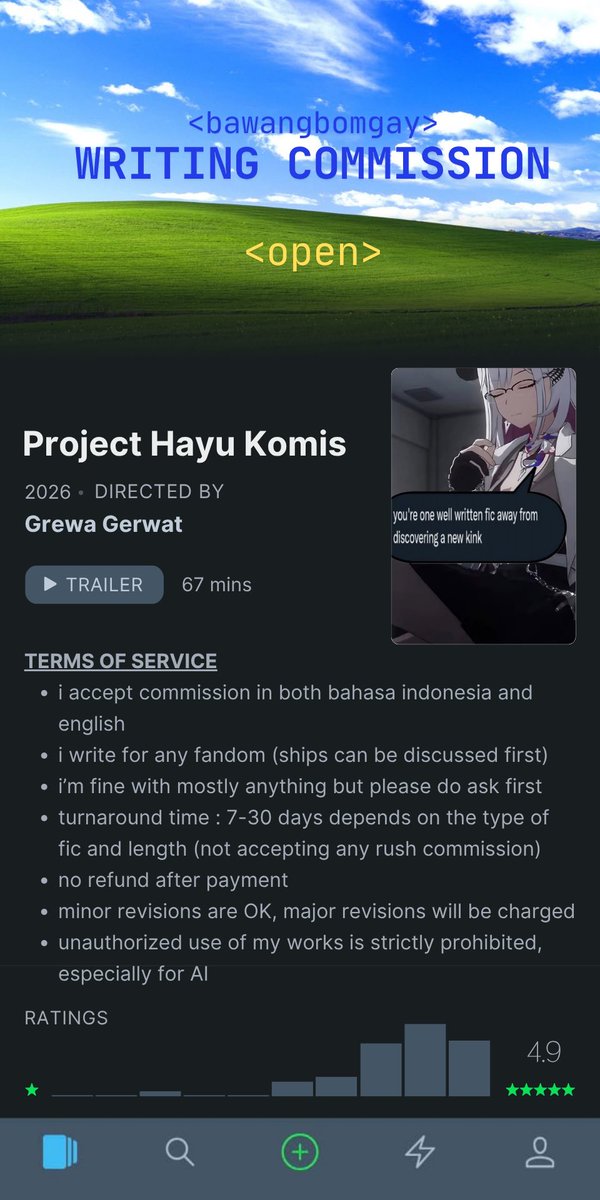 bawangbomgay's tweet photo. [❤️ &amp; 🔁 are very appreciated]

WRITING COMMISSION: OPEN! 🎊🎊

hy all aku buka writing commission lagi yaa!! kalau ada yang berminat atau mau nanya-nanya dulu boleh langsung dm aku aja yaa dm buka terus kayak warung madura 👍 untuk portofolio ada di pinned tweet. thank you! 🫶 https://t.co/JBmIyvdSok