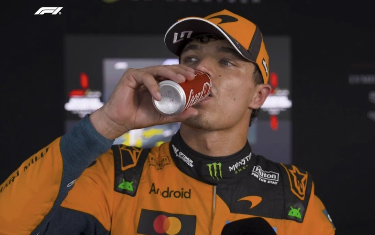 ln4norris's tweet photo. lando with his coke during his interviews 😭 https://t.co/a3Tb0hv6Xm