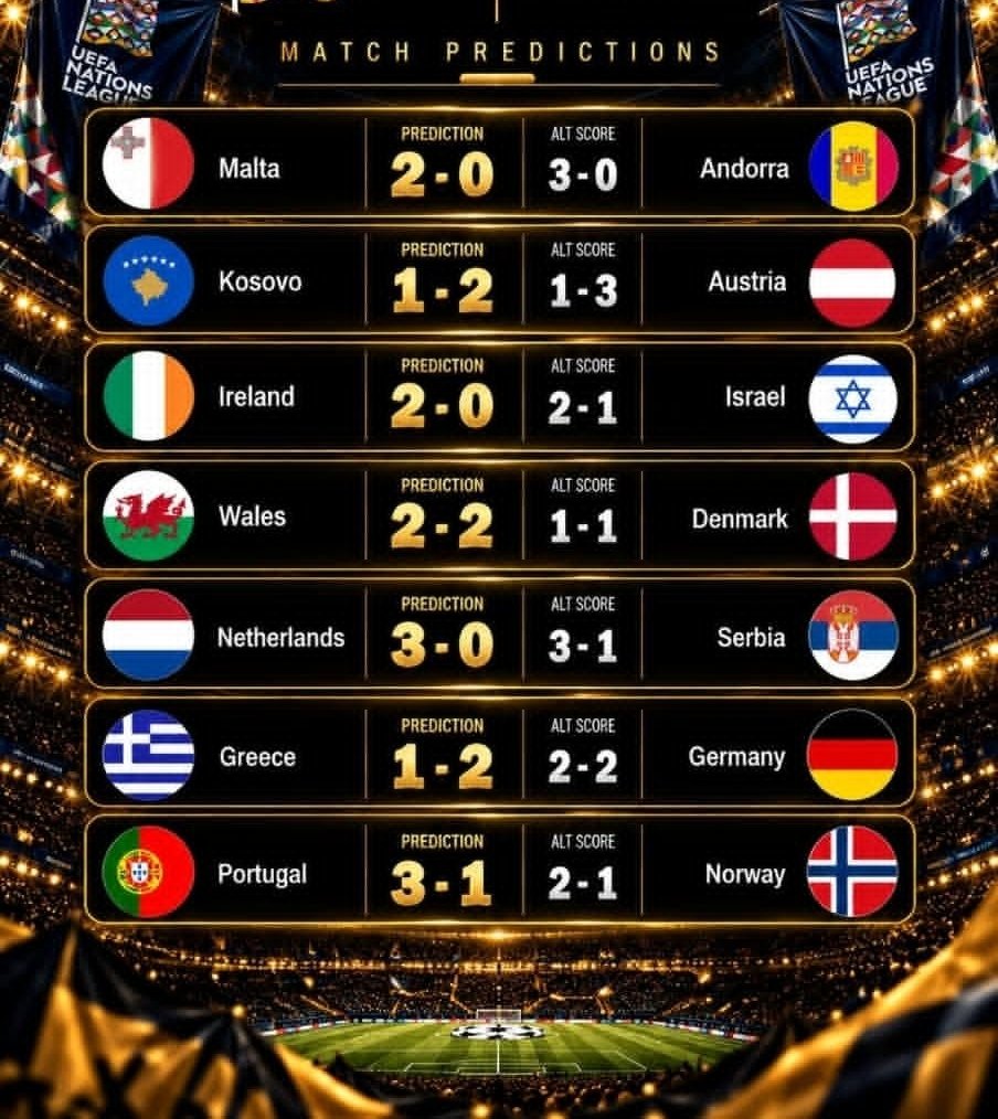 Jamesonpicks's tweet photo. Today's Predictions:
Malta 2-0 Andorra
Kosovo 1-2 Austria
Ireland 2-0 Israel
Wales 2-2 Denmark
Netherlands 3-0 Serbia
Greece 1-2 Germany
Portugal 3-1 Norway https://t.co/nd8JQZ6bi1