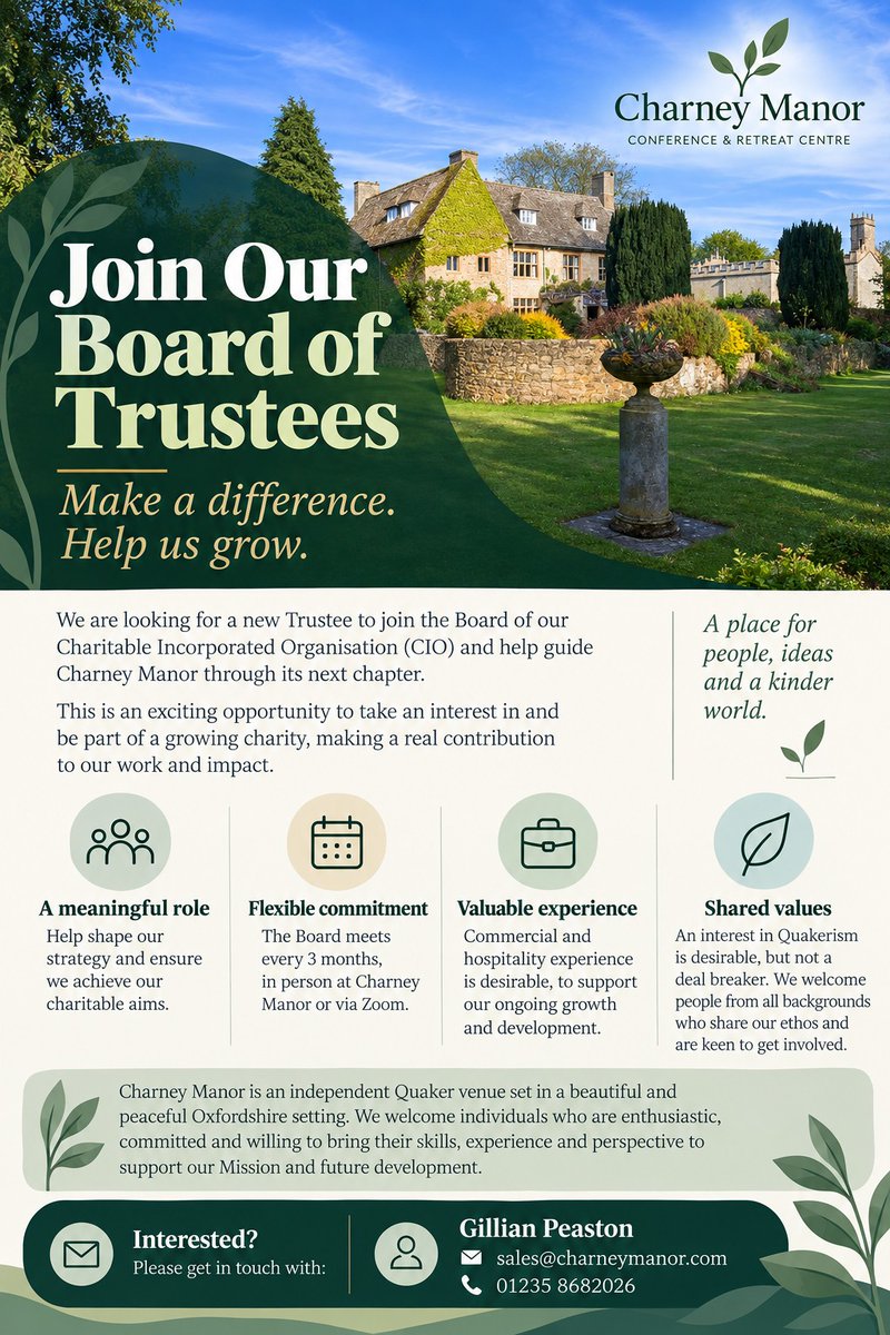 CharneyManor's tweet photo. ๐ฟJoin Our Board of Trustees @charneymanor - Make a difference and help us grow ๐ฟ
#boardoftrustees #newtrustee #boardofCIO #newtrustees #quakervenue #charneymanor #quakers #quakermanor #quakerism #charitableaim #oxfordshiremanor #businessgrowthtrustees https://t.co/5rSRbvUIoZ