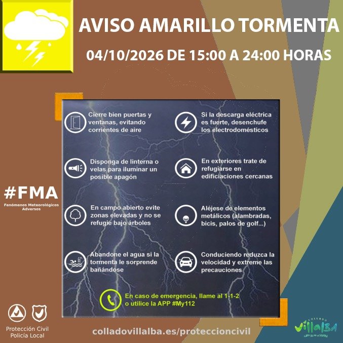 EmergenciaCV's tweet photo. 🟡 Aunque haya salido el Sol esta mañana, no nos podemos confiar. Activos para esta tarde avisos amarillos por #lluvia y #tormentas, de 15 a 24 horas.

🌧️ Aviso amarillo por lluvias intensas, con precipitaciones de 15 l/m2 a la hora.

⛈️ Aviso amarillo por tormentas, con posibilidad de granizo.

Nosotros mantenemos todos los medios como siempre listos para actuar en caso necesario.

ℹ️ Más información y consejos a tener en cuenta en las imágenes.

#FMA ⚠️
