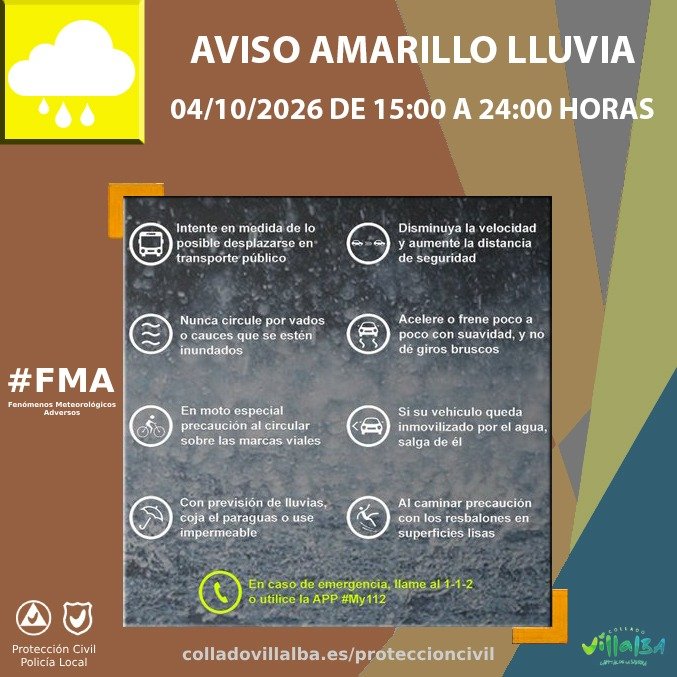 EmergenciaCV's tweet photo. 🟡 Aunque haya salido el Sol esta mañana, no nos podemos confiar. Activos para esta tarde avisos amarillos por #lluvia y #tormentas, de 15 a 24 horas.

🌧️ Aviso amarillo por lluvias intensas, con precipitaciones de 15 l/m2 a la hora.

⛈️ Aviso amarillo por tormentas, con posibilidad de granizo.

Nosotros mantenemos todos los medios como siempre listos para actuar en caso necesario.

ℹ️ Más información y consejos a tener en cuenta en las imágenes.

#FMA ⚠️