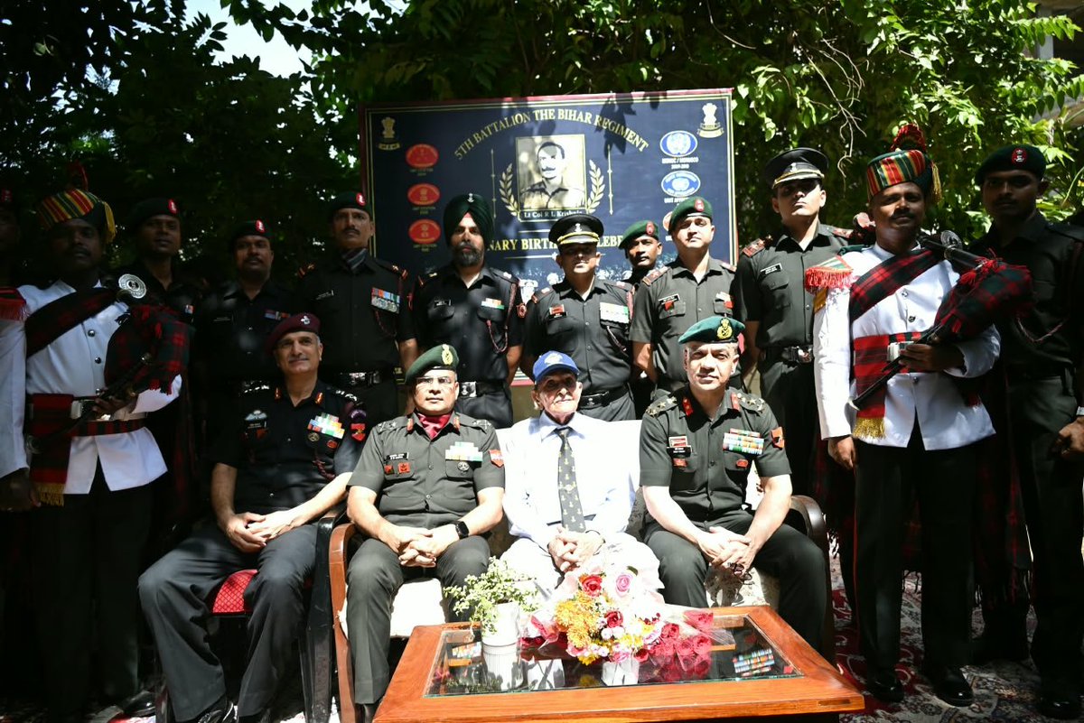 SWComd_IA's tweet photo. A Century of Service. A Legacy of Honour.

Sapta Shakti Command commemorates the 100th birthday of Lt Col Ramjilal Krishnia (Retd), born on 04 October 1926.

Commissioned into 1 BIHAR in 1948, Lt Col Krishnia served with distinction, including his role in raising 5 BIHAR and 8 BIHAR, and commanded 8 BIHAR from 1965 to 1969.

Post-retirement, he continued his service to society through philanthropy, supporting education and the welfare of underprivileged families.

A life dedicated to Service, Honour and Sacrifice, a century that stands as a testament to the enduring spirit of the Indian Army and the values of camaraderie, courage and selfless service.

#IndianArmy
#100thBirthday

@adgpi
@HQ_IDS_India
@SpokespersonMoD
@PRODefRjsthn