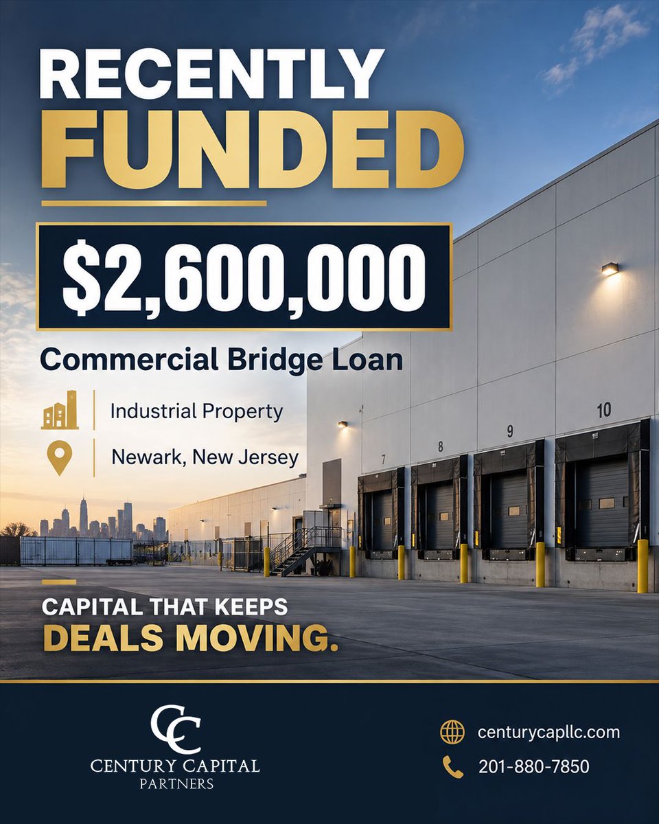 Century_CapLLC's tweet photo. $2.6M funded for an industrial property in Newark, NJ.
Need capital for your next opportunity? Let’s talk.
https://t.co/9lOSxHIJsX
#CommercialRealEstate #BridgeLoans #IndustrialRealEstate #PrivateLending #CenturyCapitalPartners https://t.co/AgfDtsEsxV