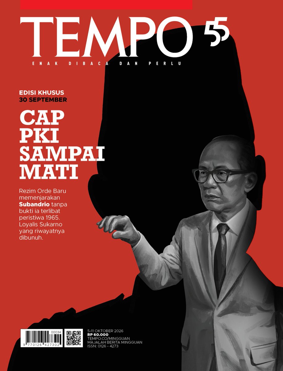 tempodotco's tweet photo. Dia didakwa terlibat peristiwa Gerakan 30 September 1965 dengam vonis mati tanpa bukti yang solid. Hukuman itu kemudian diturunkan jadi seumur hidup. Ia dibebaskan pada 1995.

Kisah Subandrio bisa menjadi satu cermin sejarah gelap 1965. Ia bukan kader Partai Komunis Indonesia, partai yang dituduh Orde Baru dalang percobaan kudeta terhadap pemerintahan Sukarno saat itu. Subandrio kader PSI yang menjadi Menteri Luar Negeri dan pejabat kepercayaan presiden.

Sampai wafat sembilan tahun setelah bebas, nama Subandrio masih dilekatkan pada PKI dan 1965. Pemerintah tak pernah merehabilitasi namanya, bersama jutaan orang lain.

Edisi khusus 30 September tahun ini tentang Subandrio, diplomat, intelijen, dan politikus yang dianggap pemegang kunci rekening Dana Revolusi.