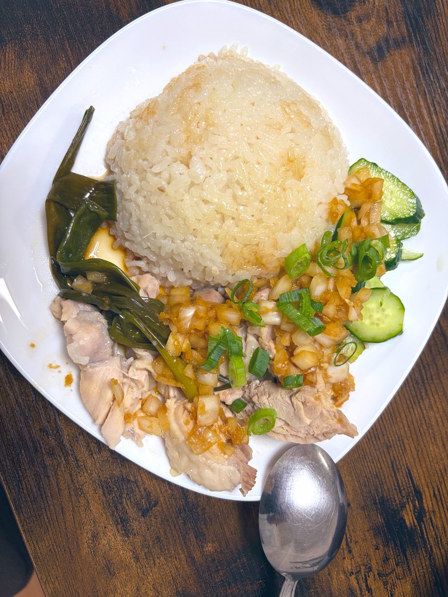 an_bcn1017's tweet photo. 昨日カオマンガイ作って食べたのだけど、やはりアジアン料理好きだなっていうのを再確認。ソースをネギの白いところをみじん切りにするんだけど、間違って青ネギ買ってしまってたので急遽玉ねぎを使った。それはそれで良かった🧅 https://t.co/xC4ksAdA0N