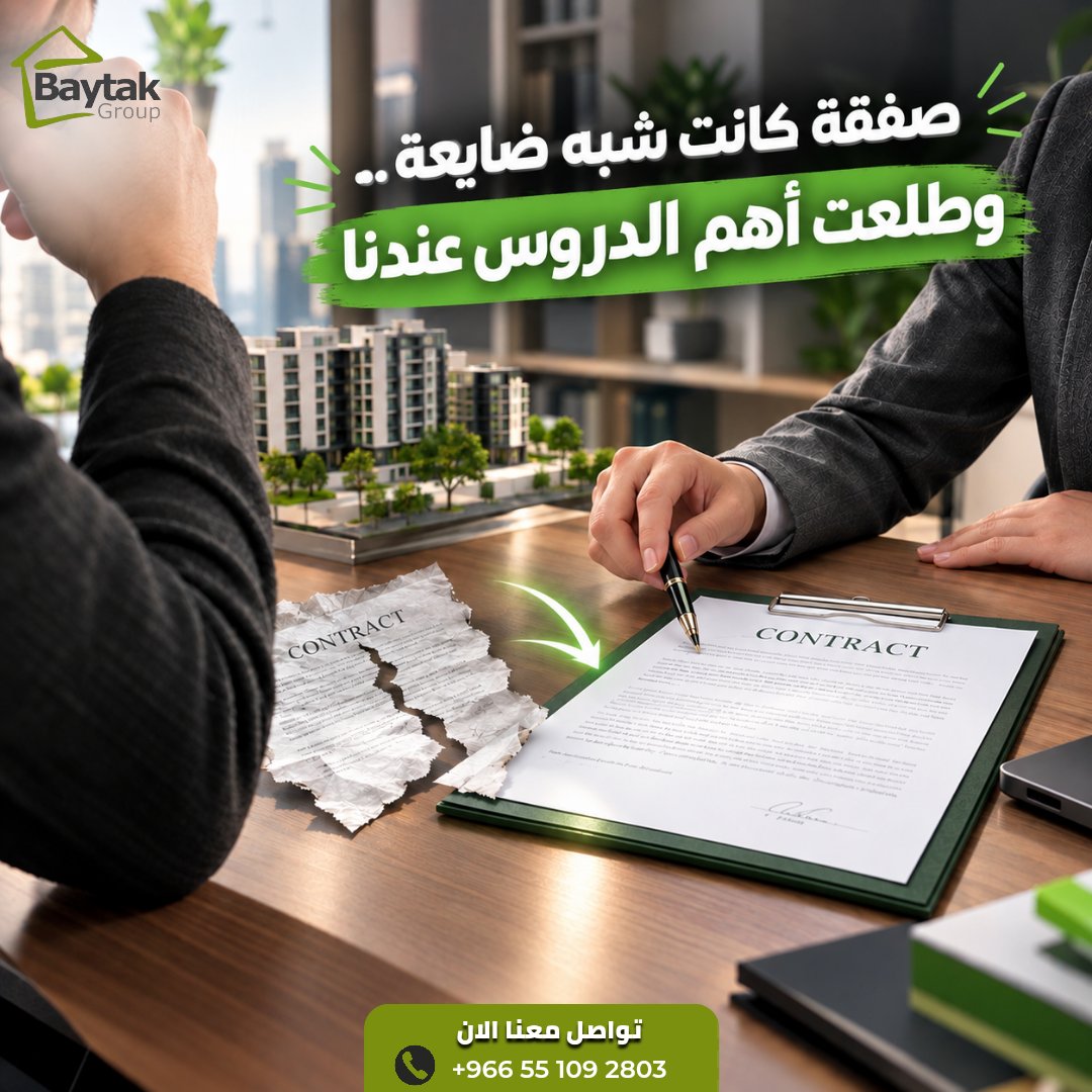 BaytakGroup's tweet photo. صفقة كانت شبه ضايعة… وطلعت من أهم الدروس عندنا. 🏡

راجعنا العقد مع العميل ووضحنا كل التفاصيل، لأن التواصل الواضح أساس الثقة في أي صفقة.

📞 +966 55 109 2803
🌐 https://t.co/Es3WvYeCny

#بيتك_جروب #استثمار_عقاري #خبرة_عقارية #شفافية https://t.co/URnAEsklrG