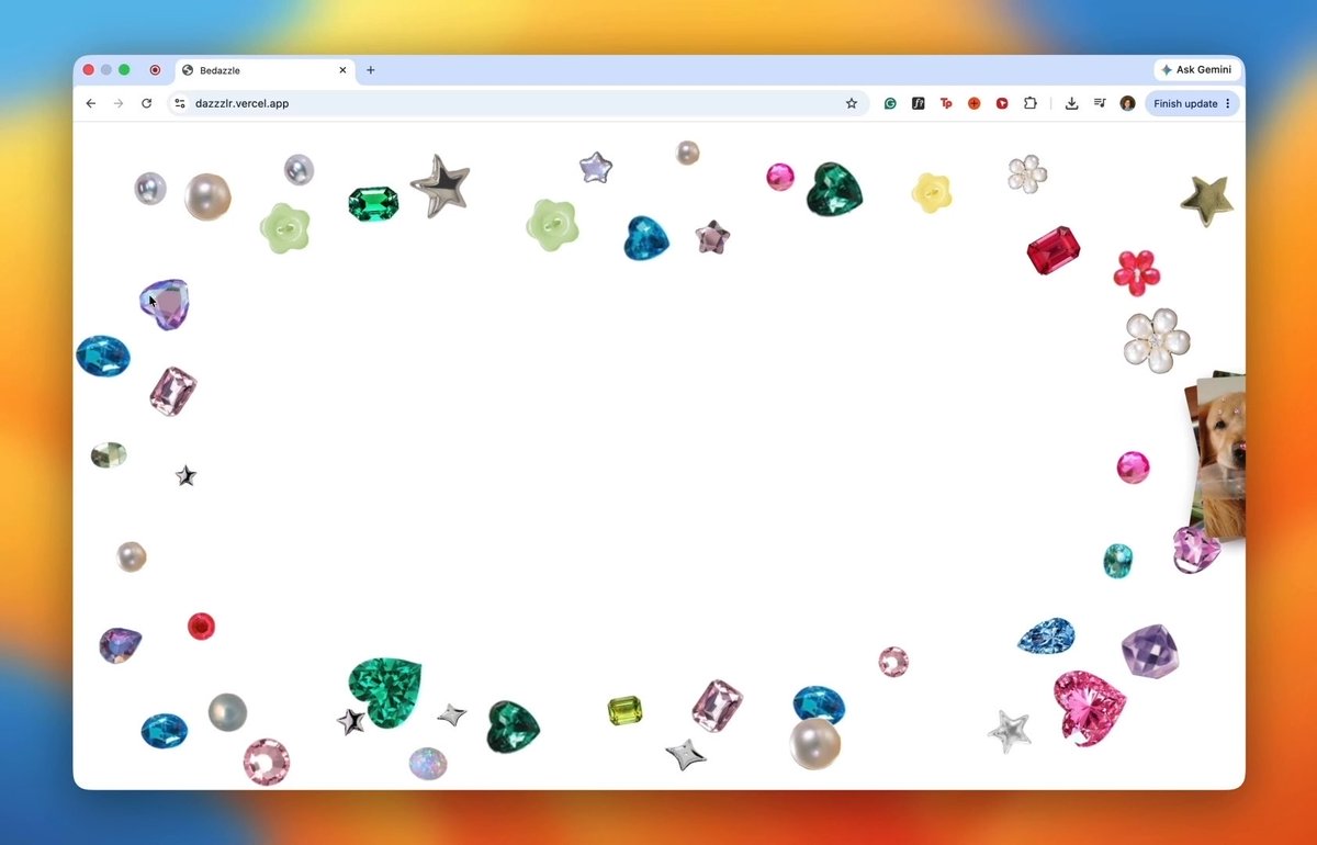 A browser screenshot of "Bedazzle" (dazzllr.vercel.app) showing a decorative border of colorful gemstones, pearls, and stars surrounding a small photo of a golden retriever puppy on the right side.