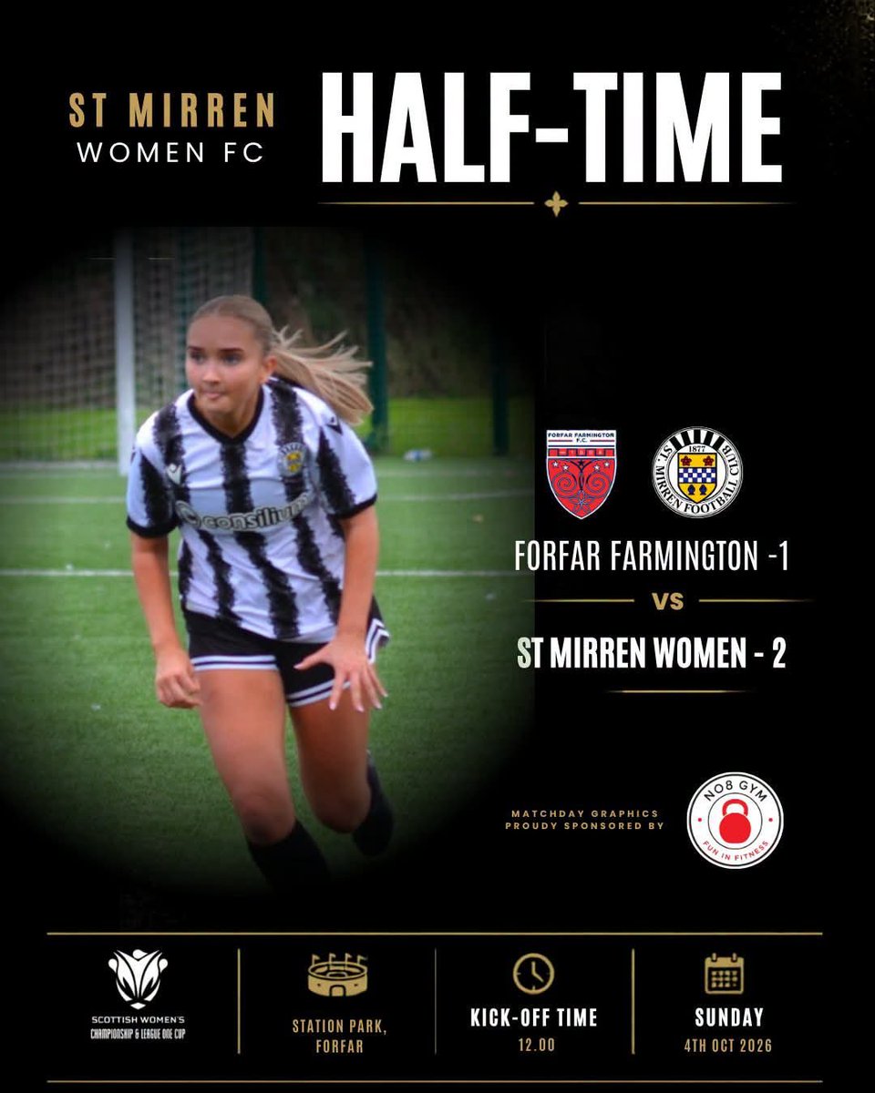 stmirrenwfc's tweet photo. ⏸️ HALF-TIME AT STATION PARK
Forfar Farmington 1–2 St Mirren Women ⚫⚪
Goals from Sandra Craig and Casey Canning have the Saints ahead at the break, with Forfar pulling one back through Alexandra Fox.
Big second half ahead. 💪
#SMWFC #OurStMirren #SWFCup #WomensFootball https://t.co/YNWIhyZt3u