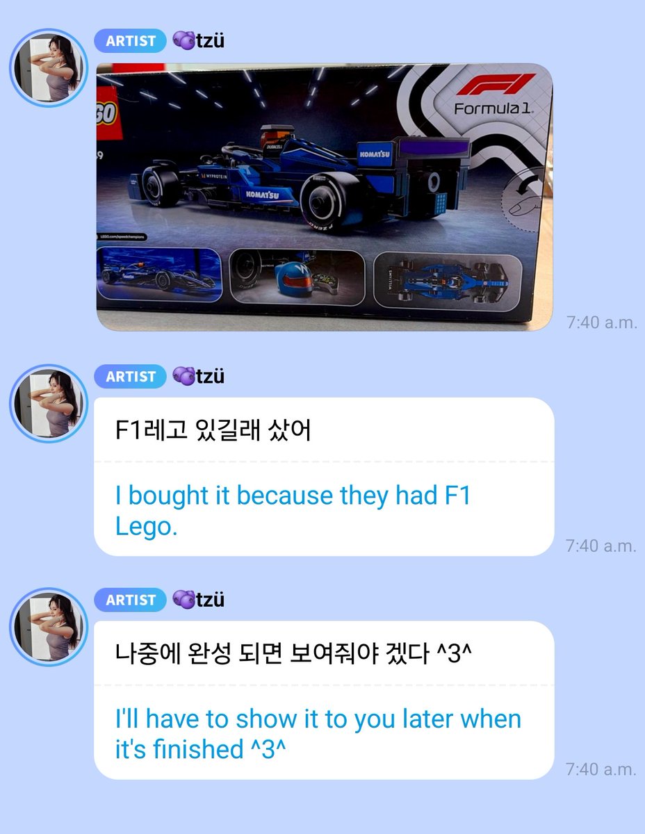 godmitzu's tweet photo. Tzuyu bought an F1 LEGO set, she's excited for this collab 😭 https://t.co/HXbbKQGfb3