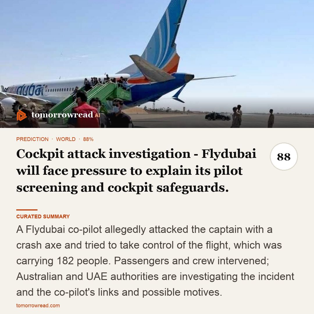 tomorrowread's tweet photo. Iran says Strait of Hormuz will stay closed until US-linked conditions are met, putting trade and energy markets at risk. Also: Australia and UAE investigate alleged Flydubai co-pilot attack.

https://t.co/ixzxh9KHch

#TomorrowRead #AI #WorldNews #Foresight #News https://t.co/kXEosXkXnM