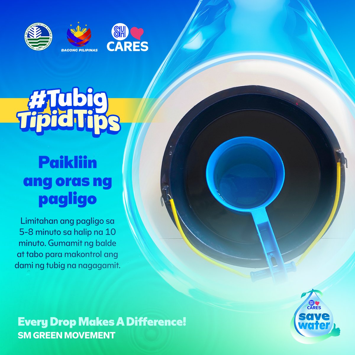 OfficialSMCares's tweet photo. 💧 A few minutes less can save liters more.​

Limit bath time to 5–8 minutes and use a pail and dipper to help reduce water use at home. 

💙 Through the #SMGreenMovement, we're building empowered communities where Every Drop Makes a Difference.​

#SMCares #SaveWaterWithSM https://t.co/RDRjuyBYcJ