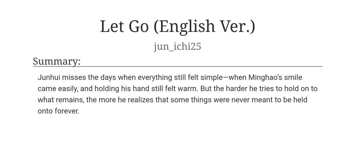 jun_ichi25's tweet photo. JunHao AU (English Ver.)

𝐋𝐞𝐭 𝐆𝐨

Please make sure to read the archive warnings and tags before proceeding.

https://t.co/mPY1YzPtlt https://t.co/v2DcuPkE5Z