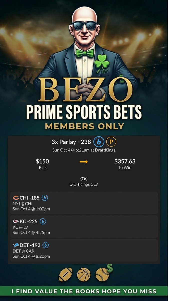 BezosBets's tweet photo. NFL Prime Parlay 🍀

🏆🏈 Jets vs Bears  
🏆🏈 Chiefs vs Raiders  
🏆🏈 Lions vs Panthers  
                                          
                                          SMASH❤️ https://t.co/meKfB4p10b