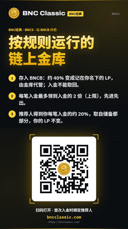 Bncclassic's tweet photo. 1.
BNC经典 $BNCS 是一个按规则运行的链上金库，全部以 BNCB 计。存入 BNCB，每笔开一个分红仓位，最多领到入金的 2 倍（上限），先进先出。https://t.co/L7yngdIbTx

2.
入金 100 BNCB（有推荐人）：约 40 变成你名下的 LP，推荐人得约 10 的 LP 和约 10 的 BNCS，约 5 销毁，约 35 进储备。没有推荐人：LP 同样约 40，约 55 进储备。两种情况仓位最多都领到 200 BNCB。

3.
BNCS 买卖各收 3% 税（以 BNCB 收取），Flap 留 10%，其余进金库：70% 分红、20% 加速池、10% 运营。储备分批卖出：80% 分红、20% 加速池。每笔入金重置 1 ��时倒计时，到时加速池补满最后一笔。

4.
入金不能取回；LP 运行期间不能提取。所有者只能提取运营份额；所有者或 Flap Guardian 可随时立即升级金库代码，直到永久锁定升级。BNCB 发行方可以暂停转账。用我的链接入金，我得到约 20%。