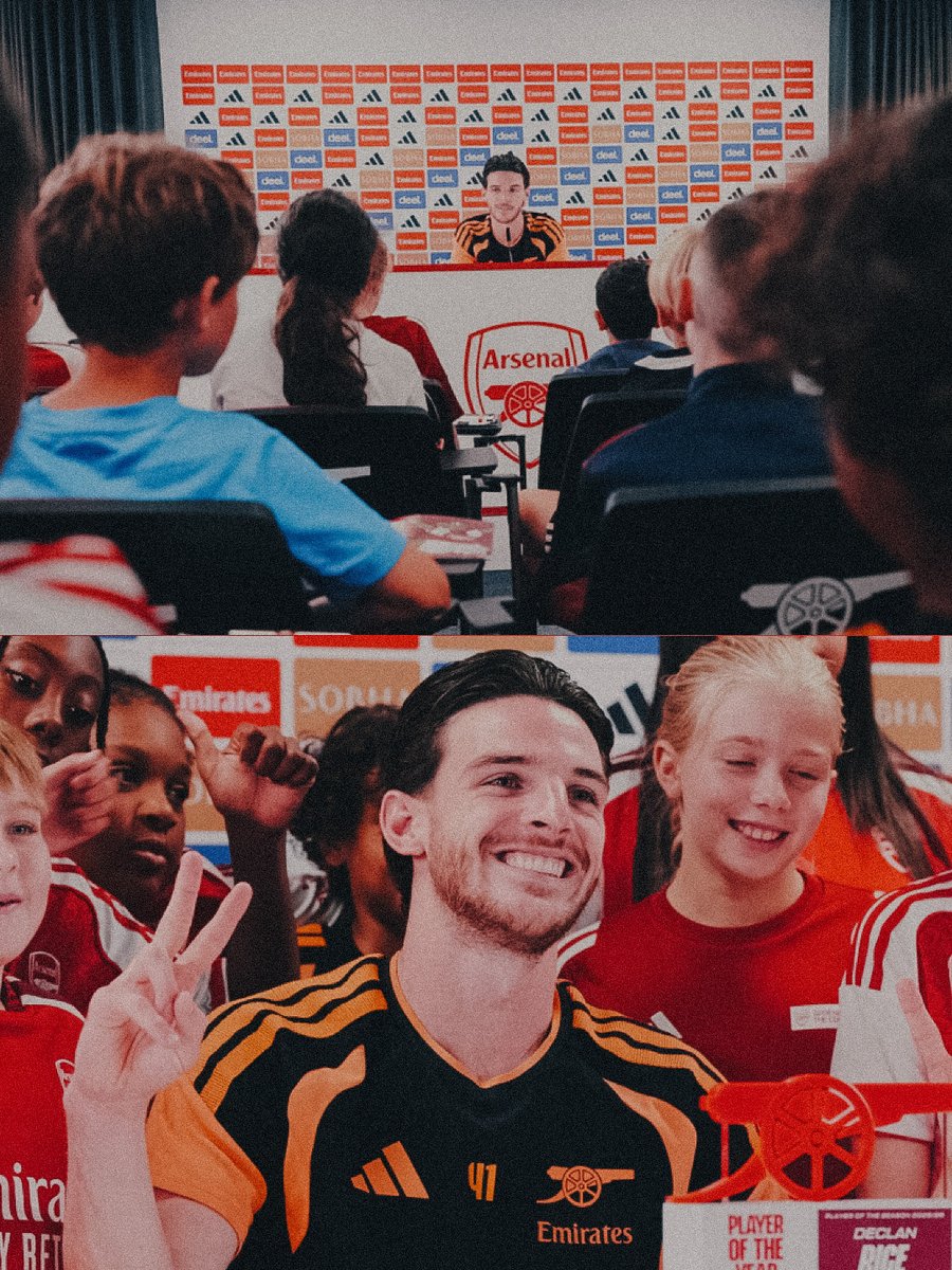 Arsenal's tweet photo. Sep 5th - Declan Rice is presented his Player of the Year award by a group of young Arsenal in the Community members.

Sep 6th - Kai and Martin fire us to a home victory over Chelsea.

Sep 6th - Jurrien Timber meets up with NBA star James Harden in N5. https://t.co/DMxizXuEJk