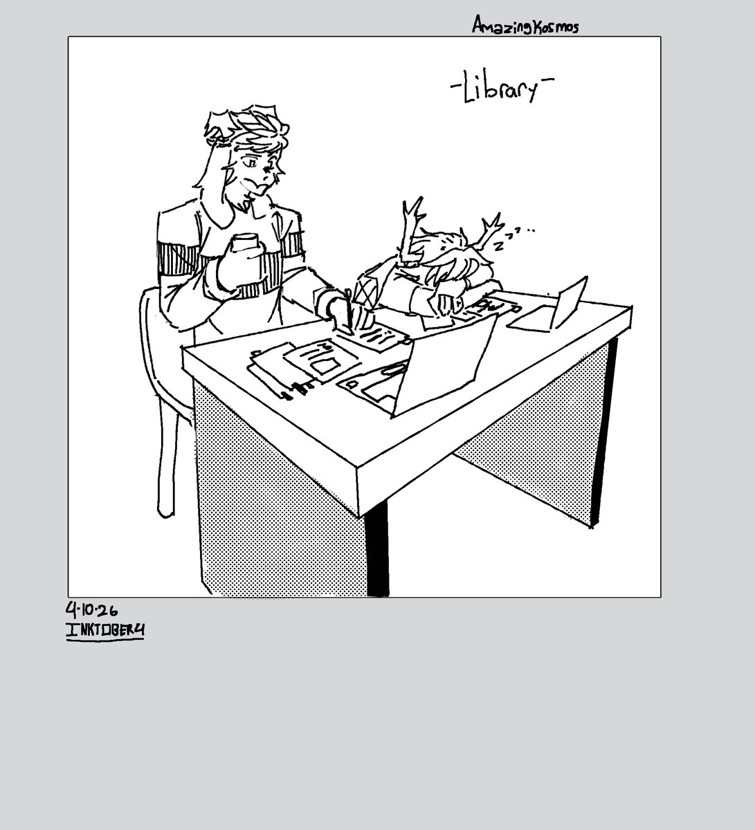 AmazingKosmos's tweet photo. Inktober 4! something something library #dessriel #inktober2026 https://t.co/plma5wbL1c