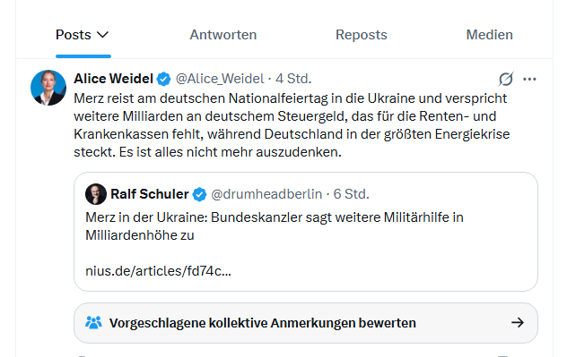 jurgen_nauditt's tweet photo. Wie immer beginnt es bei weidel mit einer Lüge.

weidel behauptet, Merz reise „am deutschen Nationalfeiertag“ in die Ukraine. Falsch. Der Feiertag war der 3. Oktober. Merz ist am 4. Oktober in Kyjiw angekommen, während russische Drohnen die Stadt angreifen und auch den deutschen Kanzler bedrohen. 

weidel hockt derweil in der sicheren Schweiz. 

Die Milliarde Militärhilfe kommt aus bereits bewilligten Haushaltsmitteln, plus 350 Mio. für zerstörte Kraftwerke. Wer das nur als „Steuergeld für die Ukraine statt für Rente“ verkauft, verschweigt die Alternative: 

Fällt die Ukraine, stehen Europa und Deutschland vor einer weit größeren Fluchtwelle als 2022. Millionen Ukrainer würden in den Westen fliehen - auch nach Deutschland. 

Wie die AfD das stemmen will, sagt weidel nicht. 

Das Leid der Menschen unter russischem Beschuss kommt in ihrem Post gar nicht vor.

weidel macht, was sie im Auftrag von putin am besten kann: Hass säen, Gesellschaft spalten, lügen und russische Propaganda verbreiten.