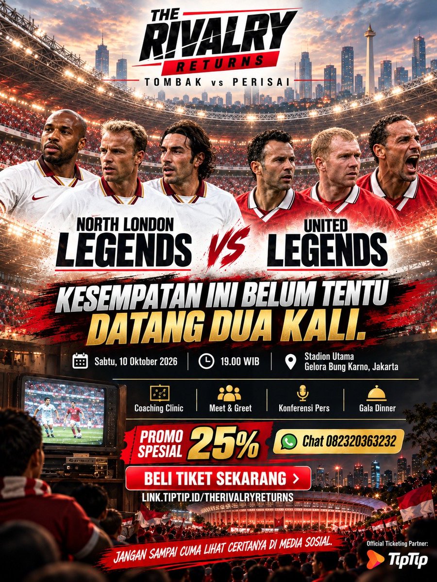 Demapurwat0's tweet photo. Nostalgia Premier League paling panas hidup lagi di Jakarta! Giggs, Pires, Vidic, Cech semua datang ke SUGBK 10 Oktober! The Rivalry Returns #MUvsArsenalLegend https://t.co/nZCZhUIkMy