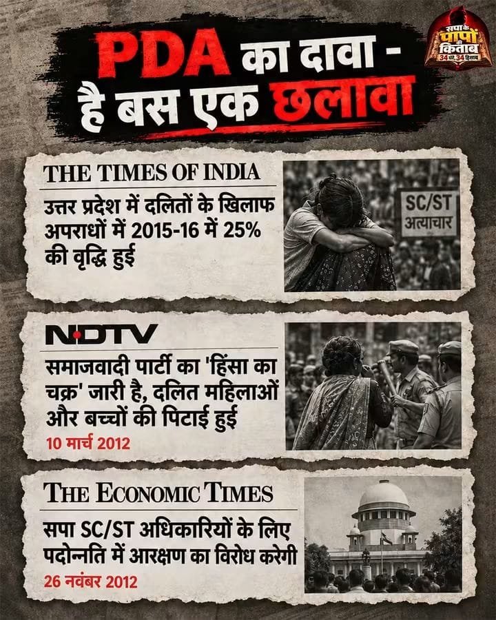 SLodhi19061's tweet photo. PDA का दावा है सामाजिक न्याय, लेकिन सपा का हिसाब क्या कहता है?

2012 में दलितों हिंसा की खबरें, SC/ST कर्मचारियों की पदोन्नति में आरक्षण का सपा ने विरोध किया। 2015-16 में उत्तर प्रदेश में दलितों के खिलाफ अपराधों में 25% की वृद्धि की रिपोर्ट सामने आई।
#Parivarwadke34saal https://t.co/Tjiwpc2GZC