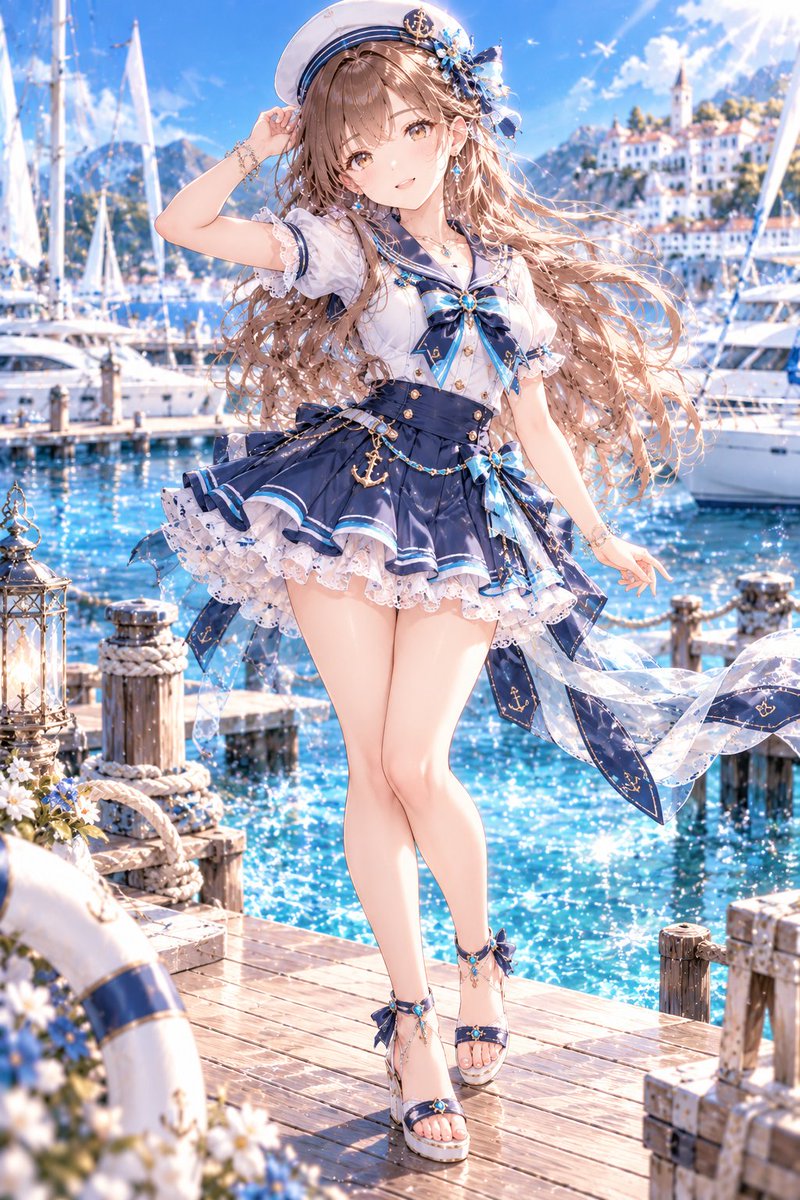 AIXyu1v's tweet photo. ⚓✨ プロンプト配布｜マリンセーラー
白×ネイビー×ターコイズで彩る爽やかマリンコーデ🌊
潮風きらめく港で楽しむ、夏のセーラースタイル⛵
アレンジはお好きにどうぞ
着てみたいってリプにお応え💗
【プロンプト】
Use the attached character image as the character reference.

Preserve the reference character's identity, facial features, hairstyle, hair color, eye color, body proportions and overall anime rendering style.

Change only the outfit into an elegant summer marine sailor-inspired fashion based on the clothing design shown in the reference image.

Outfit:
She wears a fitted white short-sleeved sailor-style blouse with delicate white frilled sleeve edges and refined navy-blue piping.

The blouse features a deep navy sailor collar with vivid turquoise-blue trim and elegant nautical details.

Add a flowing navy sailor scarf across the chest, decorated with turquoise edging and a small refined gold-and-blue nautical ornament at the center.

The waist is fitted and structured, creating a clean feminine sailor silhouette.

Pair it with a short but securely covering navy-blue layered flare skirt.

The skirt features several lightweight overlapping layers with soft white inner frills, vivid turquoise piping and delicate navy ribbon details.

Keep the skirt elegant and naturally lowered around the entire body.

The skirt must fully cover the hips, buttocks and undergarment area from every visible angle.

Do not lift, flip or spread the skirt upward.
No visible underwear, no panty glimpse and no exposed area beneath the skirt.

Add subtle gold nautical ornaments, tiny anchor-inspired accessories, navy ribbons and turquoise crystal details.

Accessories:
A classic white sailor cap with a navy band, small gold nautical emblem and delicate navy decorations.

Add refined blue gemstone earrings, subtle gold chains and elegant navy-and-turquoise accessories.

Footwear:
Elegant white or navy summer sandals with thin ankle straps, small navy bows and subtle turquoise gemstone decorations.

Pose:
A graceful relaxed standing pose.
One hand gently holds the brim of the sailor cap while the other rests naturally beside her body.

Keep both legs clearly separated and anatomically stable.

The skirt remains naturally lowered despite the gentle sea breeze.

Only her hair, sailor scarf and small decorative ribbons move softly in the breeze.

Camera:
Natural three-quarter full-body view from ordinary standing height.
Keep the complete sailor outfit clearly visible from hat to shoes.

No extreme low-angle camera and no emphasis on the lower body.

Background:
A beautiful luxury marina on a brilliant summer day, with sparkling turquoise-blue seawater, elegant white yachts, sailboats, wooden piers, distant white coastal buildings and a clear blue sky with soft white clouds.

Lighting:
Bright summer sunlight, luminous white highlights, vivid turquoise reflections from the sea and rich navy-blue shadows.

Vertical full-body composition, exactly one adult woman, preserve the reference character's identity, white-and-navy marine sailor fashion, turquoise accents, layered short sailor skirt fully covering the lower body, elegant nautical accessories, luxury marina atmosphere, natural anatomy, exactly two arms, two hands, two legs and two feet, no visible underwear, no skirt lifting, no extra people, no text, logo or watermark.