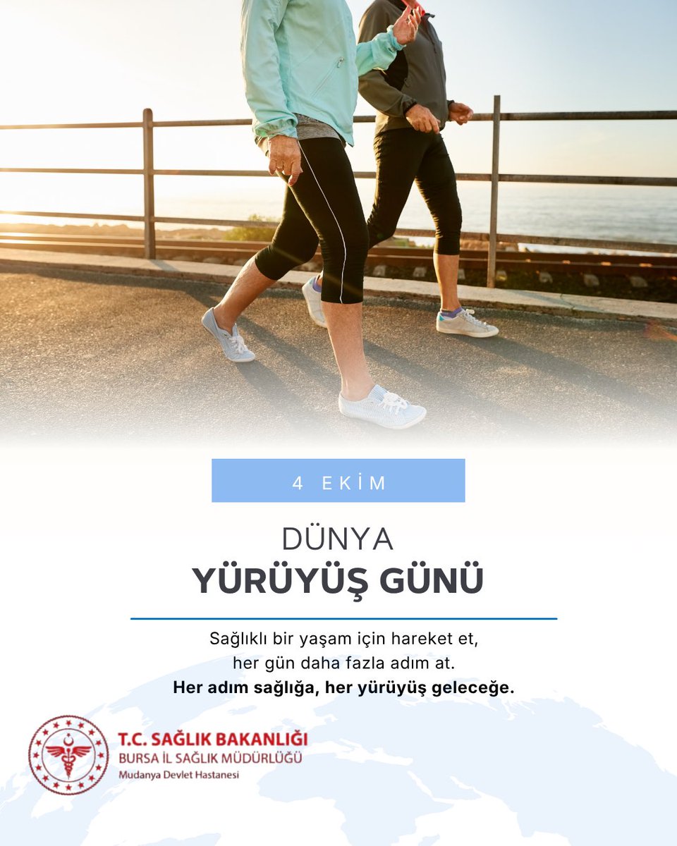 mudanyadh's tweet photo. 🚶‍♀️ 4 Ekim Dünya Yürüyüş Günü

Sağlıklı bir yaşam için harekete geçelim. Düzenli yürüyüşü günlük yaşamımızın bir parçası hâline getirerek sağlığımıza yatırım yapalım.

Her adım sağlığa, her yürüyüş daha sağlıklı yarınlara. 🌿

#4EkimDünyaYürüyüşGünü #SağlıklıYaşam https://t.co/Ke2KE6pxhy
