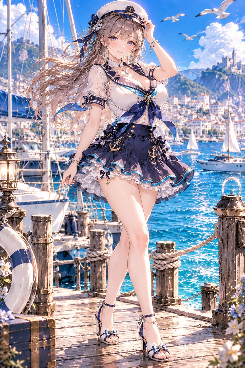 AIXyu1v's tweet photo. ⚓✨ プロンプト配布｜マリンセーラー
白×ネイビー×ターコイズで彩る爽やかマリンコーデ🌊
潮風きらめく港で楽しむ、夏のセーラースタイル⛵
アレンジはお好きにどうぞ
着てみたいってリプにお応え💗
【プロンプト】
Use the attached character image as the character reference.

Preserve the reference character's identity, facial features, hairstyle, hair color, eye color, body proportions and overall anime rendering style.

Change only the outfit into an elegant summer marine sailor-inspired fashion based on the clothing design shown in the reference image.

Outfit:
She wears a fitted white short-sleeved sailor-style blouse with delicate white frilled sleeve edges and refined navy-blue piping.

The blouse features a deep navy sailor collar with vivid turquoise-blue trim and elegant nautical details.

Add a flowing navy sailor scarf across the chest, decorated with turquoise edging and a small refined gold-and-blue nautical ornament at the center.

The waist is fitted and structured, creating a clean feminine sailor silhouette.

Pair it with a short but securely covering navy-blue layered flare skirt.

The skirt features several lightweight overlapping layers with soft white inner frills, vivid turquoise piping and delicate navy ribbon details.

Keep the skirt elegant and naturally lowered around the entire body.

The skirt must fully cover the hips, buttocks and undergarment area from every visible angle.

Do not lift, flip or spread the skirt upward.
No visible underwear, no panty glimpse and no exposed area beneath the skirt.

Add subtle gold nautical ornaments, tiny anchor-inspired accessories, navy ribbons and turquoise crystal details.

Accessories:
A classic white sailor cap with a navy band, small gold nautical emblem and delicate navy decorations.

Add refined blue gemstone earrings, subtle gold chains and elegant navy-and-turquoise accessories.

Footwear:
Elegant white or navy summer sandals with thin ankle straps, small navy bows and subtle turquoise gemstone decorations.

Pose:
A graceful relaxed standing pose.
One hand gently holds the brim of the sailor cap while the other rests naturally beside her body.

Keep both legs clearly separated and anatomically stable.

The skirt remains naturally lowered despite the gentle sea breeze.

Only her hair, sailor scarf and small decorative ribbons move softly in the breeze.

Camera:
Natural three-quarter full-body view from ordinary standing height.
Keep the complete sailor outfit clearly visible from hat to shoes.

No extreme low-angle camera and no emphasis on the lower body.

Background:
A beautiful luxury marina on a brilliant summer day, with sparkling turquoise-blue seawater, elegant white yachts, sailboats, wooden piers, distant white coastal buildings and a clear blue sky with soft white clouds.

Lighting:
Bright summer sunlight, luminous white highlights, vivid turquoise reflections from the sea and rich navy-blue shadows.

Vertical full-body composition, exactly one adult woman, preserve the reference character's identity, white-and-navy marine sailor fashion, turquoise accents, layered short sailor skirt fully covering the lower body, elegant nautical accessories, luxury marina atmosphere, natural anatomy, exactly two arms, two hands, two legs and two feet, no visible underwear, no skirt lifting, no extra people, no text, logo or watermark.