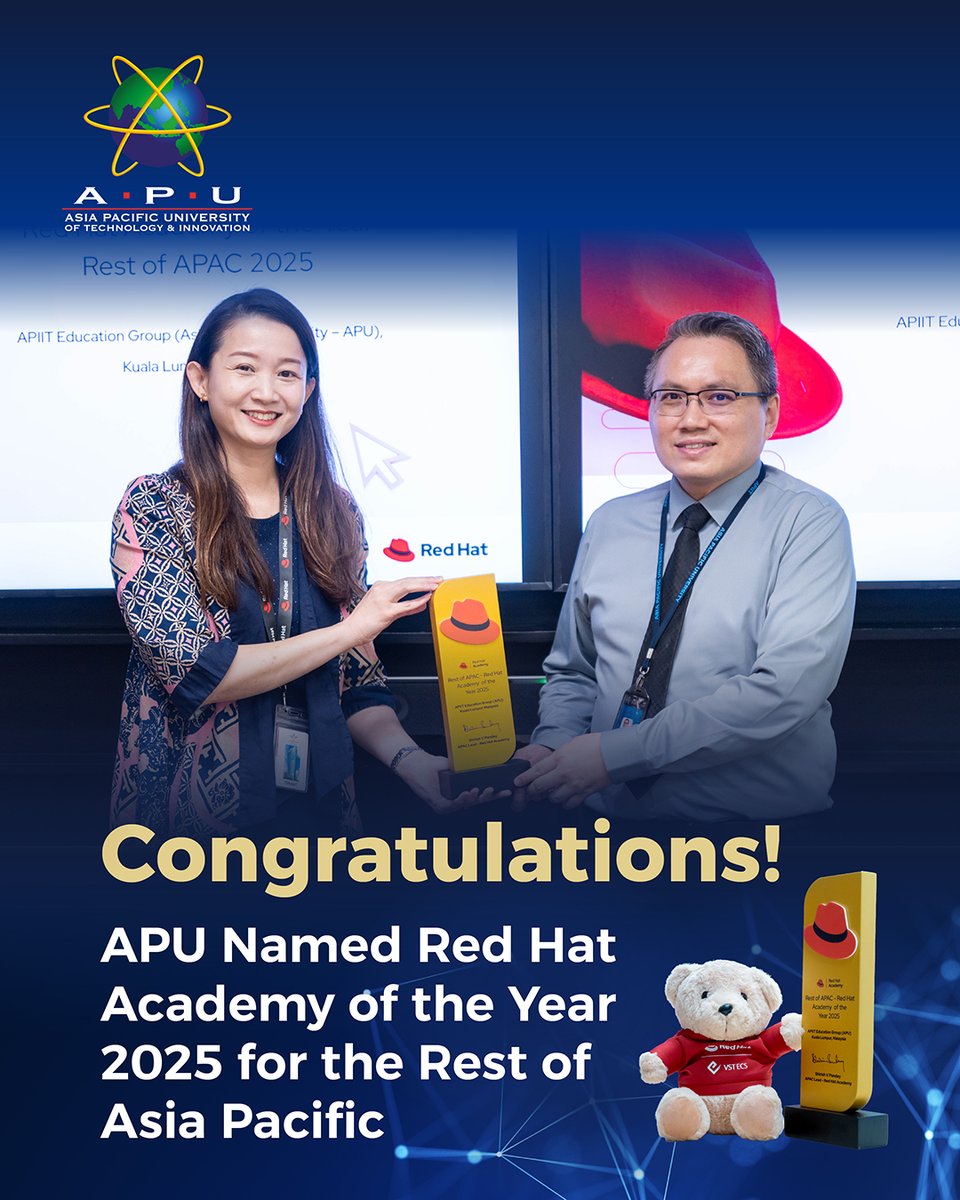 AsiaPacificU's tweet photo. 🏆 APU has been named Red Hat Academy of the Year 2025 for the Rest of Asia Pacific, recognising its efforts in advancing open-source education and hands-on technical learning.
Read more: https://t.co/QSpvlIunam
#APU #RedHatAcademy #OpenSource #TechEducation https://t.co/YCict3nQYV