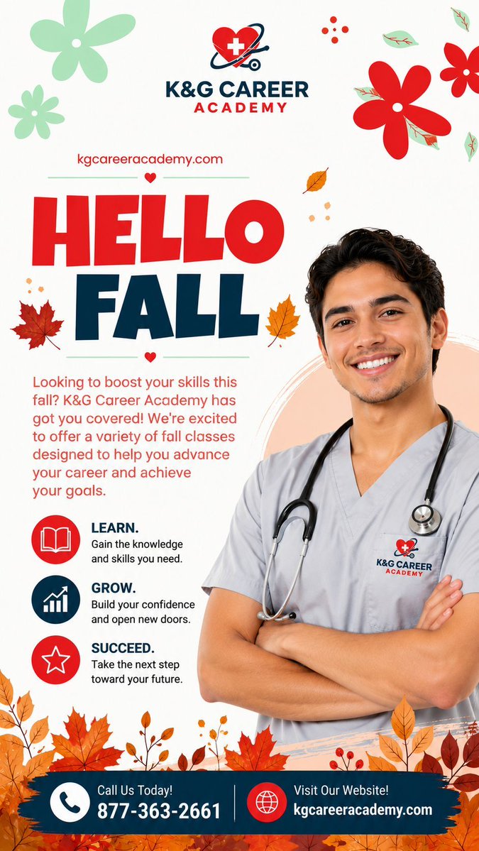 kgcareeracademy's tweet photo. Hello Fall and hello new opportunities.
Call us today at 877-363-2661
Visit https://t.co/D4GoyVcTDk
#KGCareerAcademy #HelloFall #FallClasses #HealthcareTraining #CareerGrowth #FutureInHealthcare https://t.co/YYlNjQlhXL