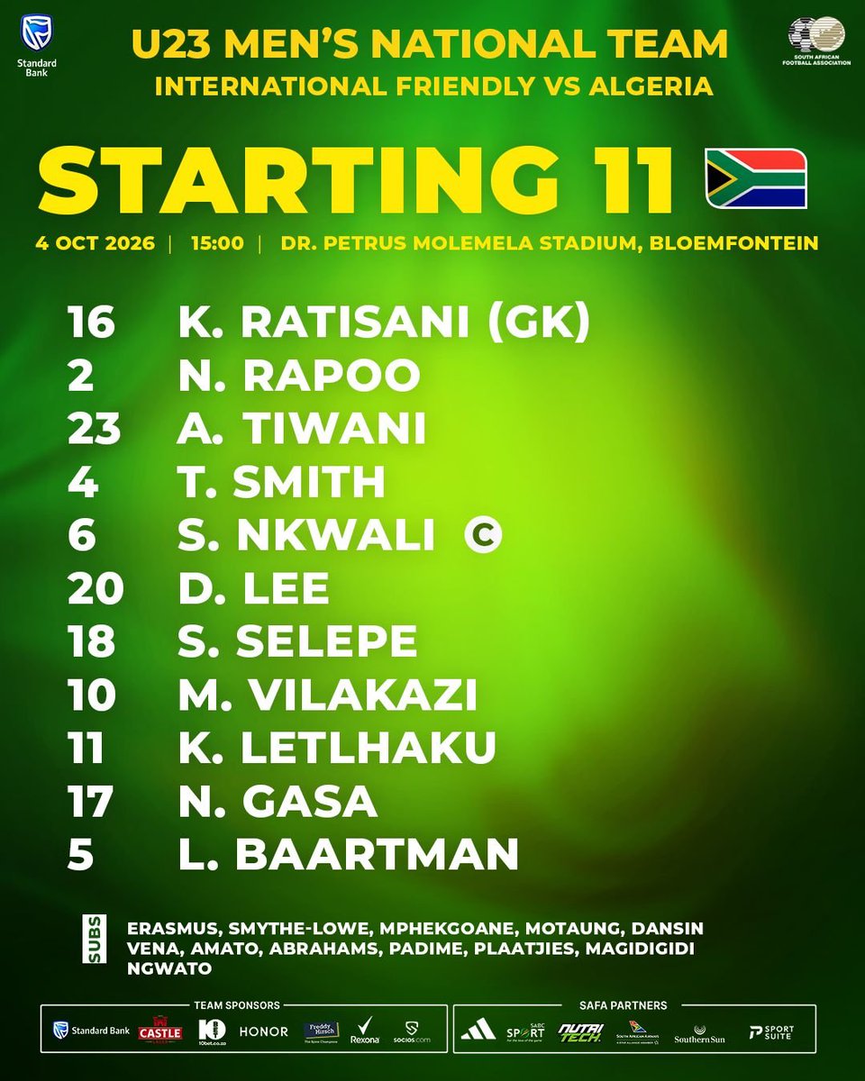 SAFA_net's tweet photo. The South African U23 Men's National Team starting 11 vs Algeria at the Dr Petrus Molemela Stadium in Bloemfontein

#SAU23
#RoadToOlympics2028
@adidas
@StandardBankZA
@adidasfootball https://t.co/PRwq2mv7fo