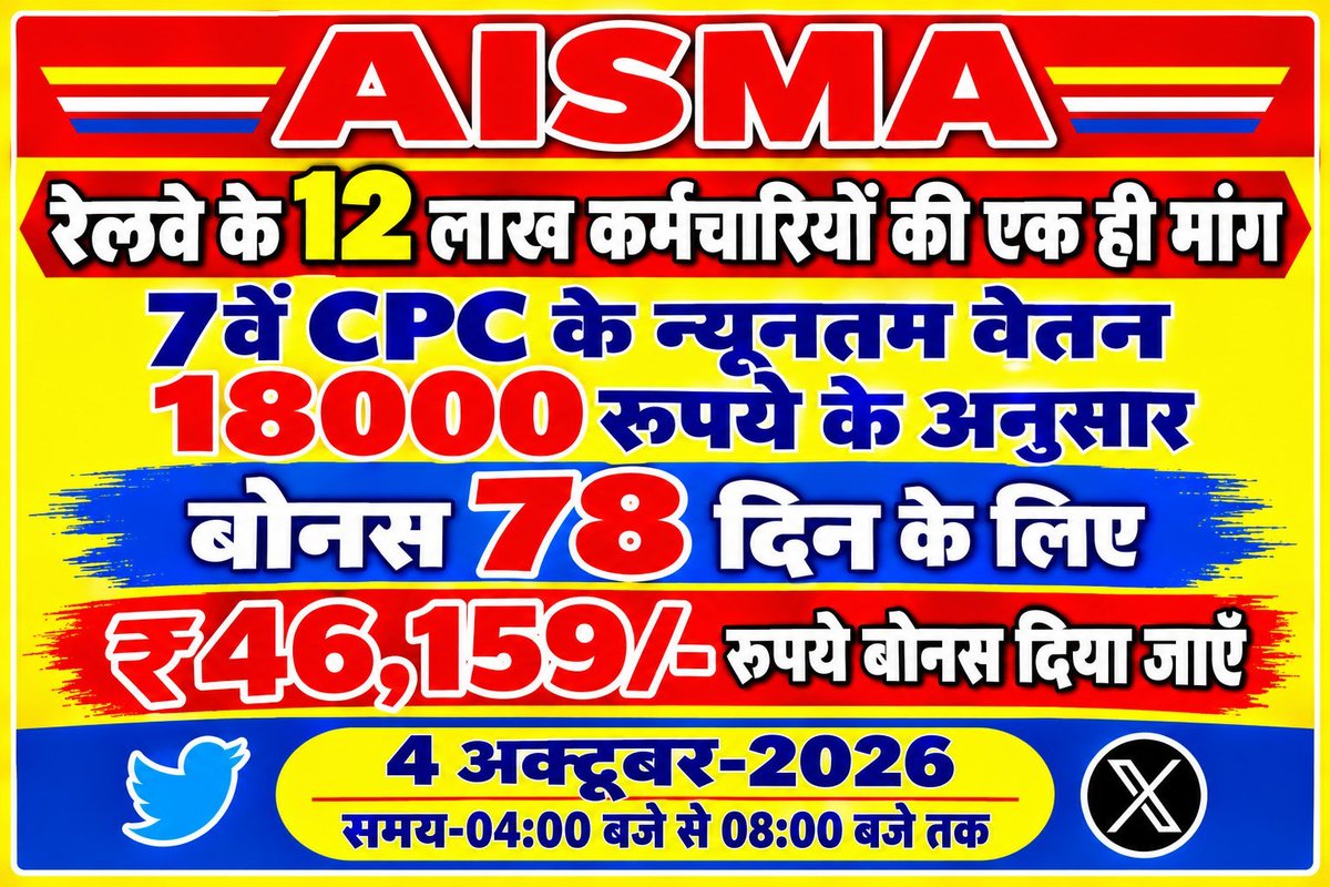 RLD_OPS's tweet photo. The Bonus amount should not be calculated on the basis of the 6th Pay Commission. Instead, it must be calculated using the minimum Basic Pay of ₹18,000 under the 7th Pay Commission, resulting in a bonus of ₹46,159.
#RailwayBonus46159 https://t.co/DvJb8qSxlx