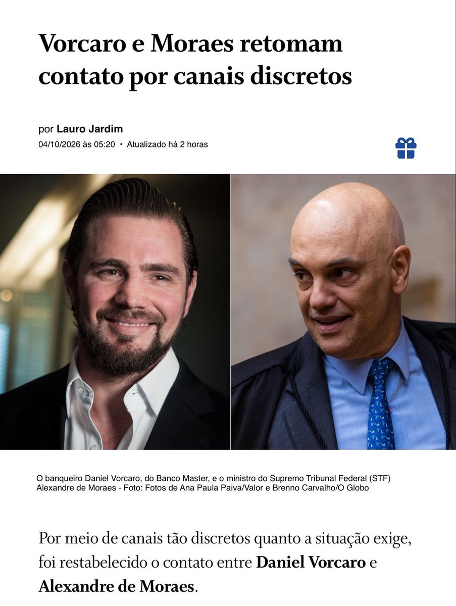 Pri_usabr1's tweet photo. ORA, ORA, ORA…

Segundo Lauro Jardim, Daniel Vorcaro e Alexandre de Moraes teriam restabelecido o contato por “canais tão discretos quanto a situação exige”.

Mas peraí: Moraes negou as mensagens, negou relação e agora estaria retomando contato com Vorcaro? https://t.co/cweFr576LD