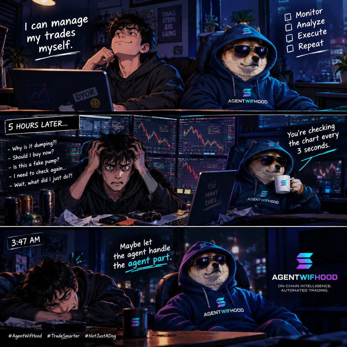 cryptoname_web3's tweet photo. I said I could manage my trades myself

5 hours later: 17 charts, 3 coffees, and absolutely no idea what I’m doing

Maybe it’s time to let the agent handle the agent part

@agentwifhood

#AgentWifHoodMemeContest https://t.co/byHCfhrMVX