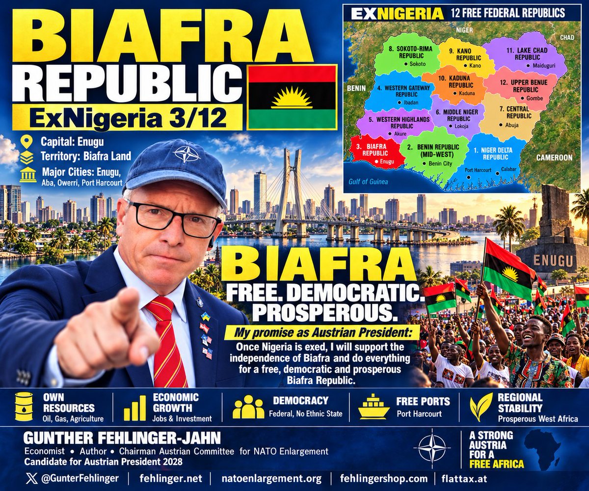 GunterFehlinger's tweet photo. BIAFRA REPUBLIC — ExNigeria 3/12 🇧🇯🌍 My proposal for a peaceful post-Nigeria settlement is clear: 12 free, federal, democratic republics — no ethnic cleansing, no expulsions, one citizenship, open markets and regional cooperation. Biafra should be free, democratic and prosperous, with Enugu as its political center, strong cities, free ports, investment, technology, agriculture, energy and jobs. The resources of the region must serve its people, not failed centralism. I support a constitutional, democratic and peaceful path to self-determination for Biafra and the other successor republics. A stable Biafra can become an engine of prosperity for West Africa and a strong partner for Europe. Free people. Free markets. Federal democracy. Peace and prosperity. 🇪🇺🤝🌍 #Biafra #ExNigeria #Nigeria #Enugu #Africa #WestAfrica #Democracy #SelfDetermination #Federalism #FreeMarkets #Prosperity #Peace #GunterFehlinger @GunterFehlinger https://t.co/4HINhwoD2M https://t.co/TTmBf6L9w7 https://t.co/RBFVLx1yBc https://t.co/IKAyUIRFz2