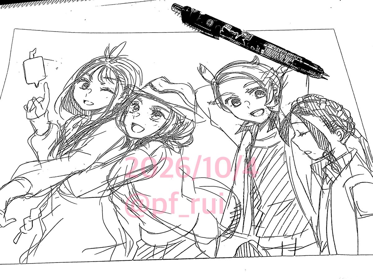 pf_rui's tweet photo. もういっそ表紙ラフから考えるか〜と開き直って描いてたラフ
ほんとにこの四人のわちゃわちゃ本にしたろかな… https://t.co/VTGA9vot9o