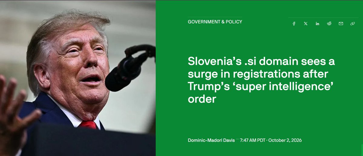 bkambariya09's tweet photo. The “AI → SI” shift looked like a joke.

But the domain market is taking it seriously.

.si registrations are surging after the “Super Intelligence” push — and Elon Musk is using “SI” too.

The bigger picture:  Slovenia is winning big this time. https://t.co/R0OyF957p3