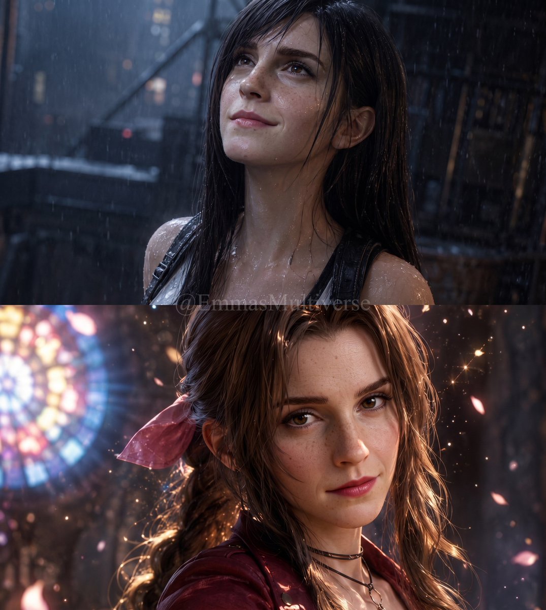 EmmasMultiverse's tweet photo. The ultimate Final Fantasy VII dilemma! 🌌⚔️ The determined and unstoppable Tifa Lockhart amidst the rain of Midgar. The gentle and mysterious Aerith Gainsborough surrounded by Lifestream petals. Who has captured your heart? Tifa or Aerith?  #FinalFantasy  #Tifa #Aerith #AIart https://t.co/HyDii7HAVa
