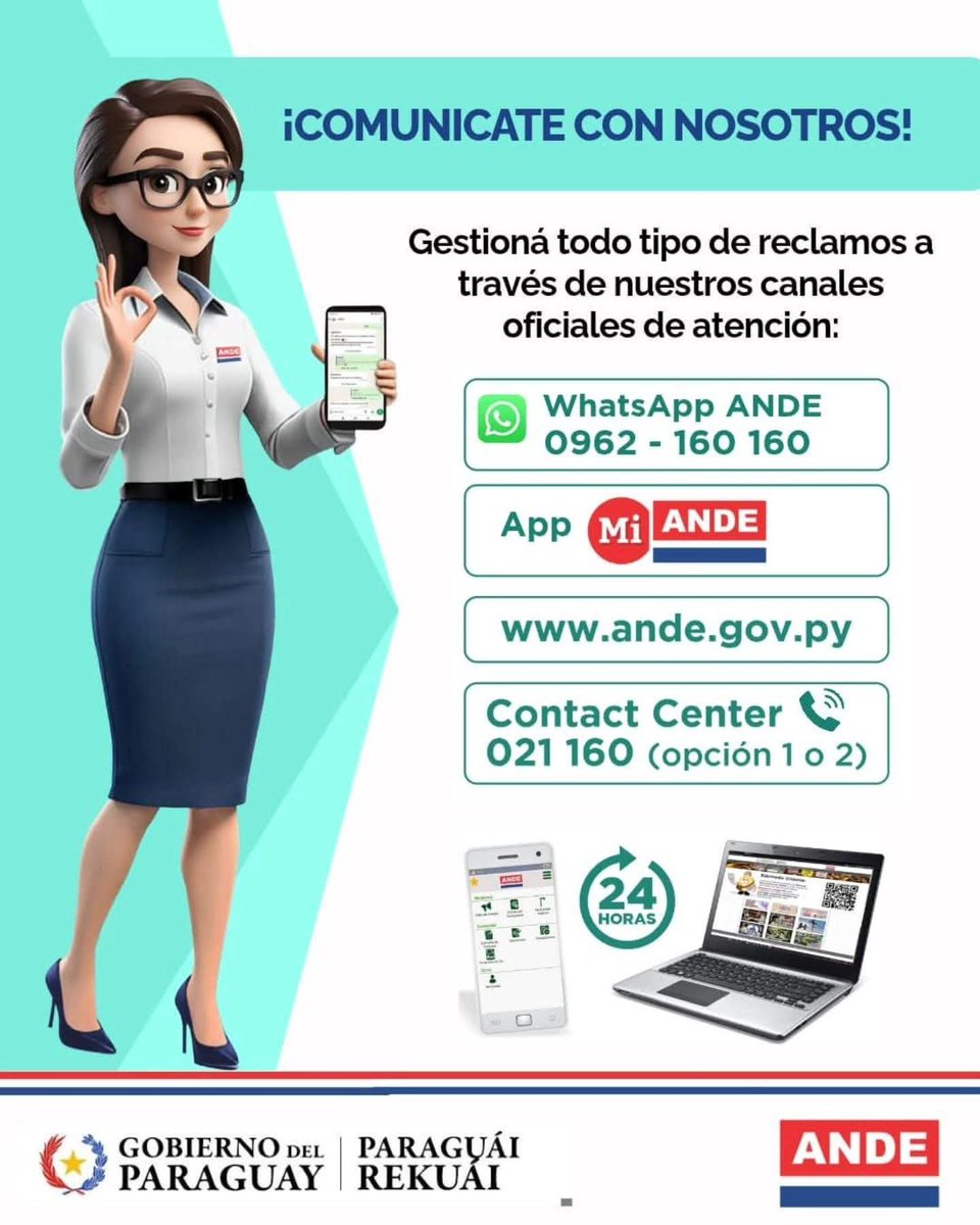 ANDEOficial's tweet photo. 📲 Te recordamos nuestros canales oficiales de atención habilitados para gestionar tus reclamos por falta de energía, alumbrado público y comerciales.

1⃣  WhatsApp ANDE: 0962 160 160
2⃣ App Mi ANDE: disponible en todas las plataformas digitales https://t.co/ax3bf3xwc4
