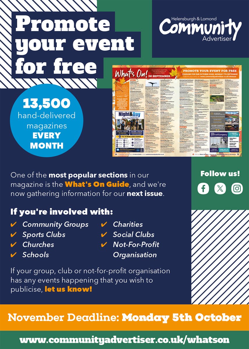 CommunityMagHel's tweet photo. Promote your Events! If your group, club or not-for-profit organisation has any events happening in November that you wish to publicise, let us know and we will include it in our popular What's On diary for FREE! Submit before Monday 5th October at: https://t.co/CM4K3DubKi https://t.co/Y8gzFUQGIQ